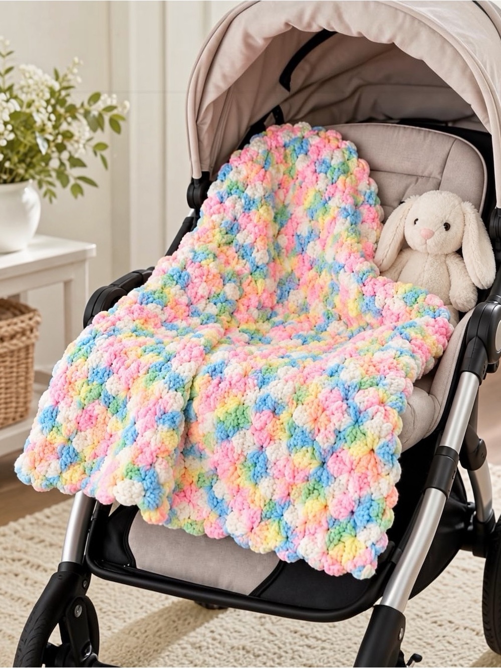 Handmade Crochet Baby Blanket Pastel Rainbow Chunky Plush 37x27